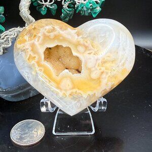 White Agate Druzy Heart Carving With Yellow Mineral Inclusions Quartz 2.81" Tall